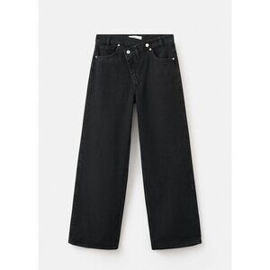 MANGO - Wide leg mid-rise jeans with a crossover waistband black denim - 8 - Wo…